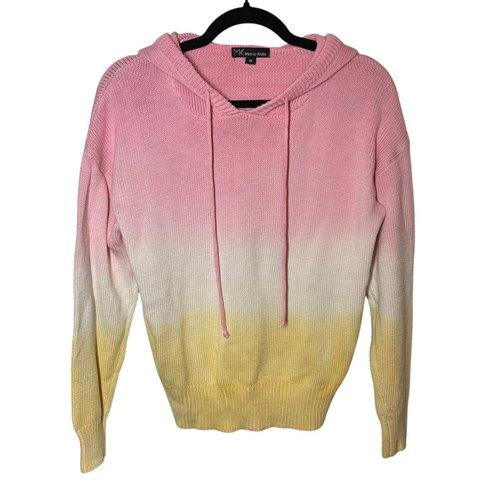 Metric Knits Pink White Yellow Tie Dye Ombre Knit Hoodie Pullover Size Medium